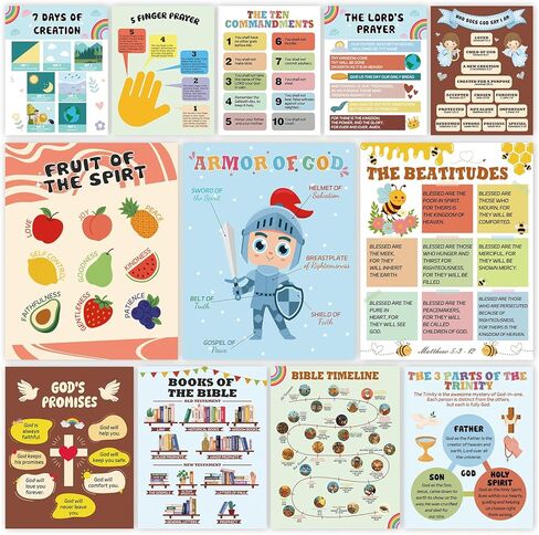 XKDOUS 12 Pcs Sunday School Decorations for Classroom, 11" x 14" Books of the Bible Poster for Classroom Decor, Fruits of the Spirit Wall Decor, Christian Bulletin Board Sets, 10 Commandments & More in Kuwait