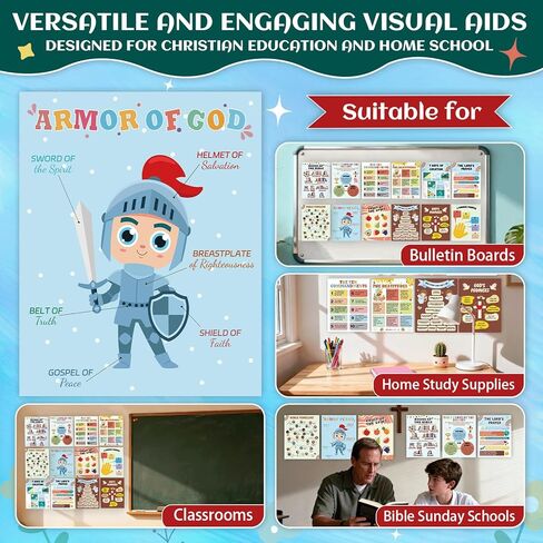 XKDOUS 12 Pcs Sunday School Decorations for Classroom, 11" x 14" Books of the Bible Poster for Classroom Decor, Fruits of the Spirit Wall Decor, Christian Bulletin Board Sets, 10 Commandments & More in Kuwait