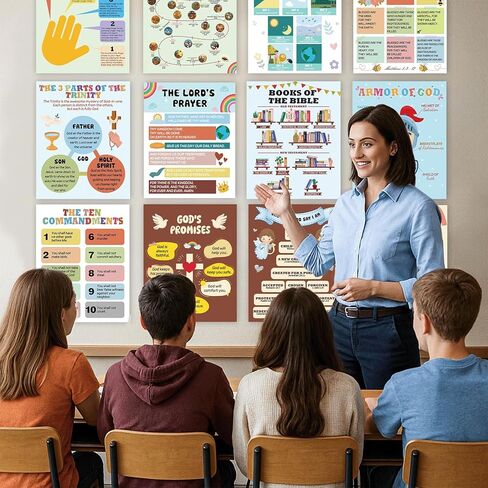 XKDOUS 12 Pcs Sunday School Decorations for Classroom, 11" x 14" Books of the Bible Poster for Classroom Decor, Fruits of the Spirit Wall Decor, Christian Bulletin Board Sets, 10 Commandments & More in Kuwait