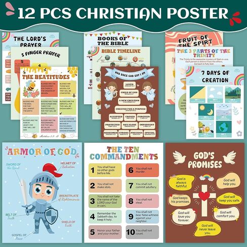 XKDOUS 12 Pcs Sunday School Decorations for Classroom, 11" x 14" Books of the Bible Poster for Classroom Decor, Fruits of the Spirit Wall Decor, Christian Bulletin Board Sets, 10 Commandments & More in Kuwait