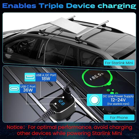 Starlink Mini Car Charger Cable, 3-in-1 Cigarette Lighter Power Adapter with Digital Display, USB C PD 36W & USB A QC 18W Ports, 12V-24V Waterproof 18AWG DC Cable for Trucks, Cars, RVs, Boats (10FT) in Saudi Arabia