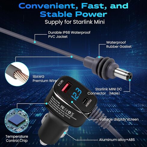 Starlink Mini Car Charger Cable, 3-in-1 Cigarette Lighter Power Adapter with Digital Display, USB C PD 36W & USB A QC 18W Ports, 12V-24V Waterproof 18AWG DC Cable for Trucks, Cars, RVs, Boats (10FT) in Saudi Arabia