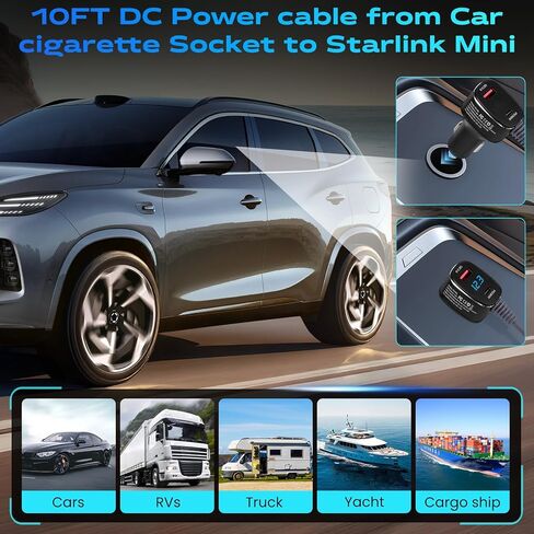 Starlink Mini Car Charger Cable, 3-in-1 Cigarette Lighter Power Adapter with Digital Display, USB C PD 36W & USB A QC 18W Ports, 12V-24V Waterproof 18AWG DC Cable for Trucks, Cars, RVs, Boats (10FT) in Saudi Arabia