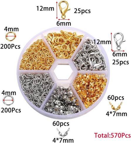 570PS/BOX DIY Jewelry Lobster Clasp Buckle Single Circle Tool Set Jewelry Making Kit for Handmade Bracelet Necklace Findings (Gold and Sliver) in Saudi Arabia