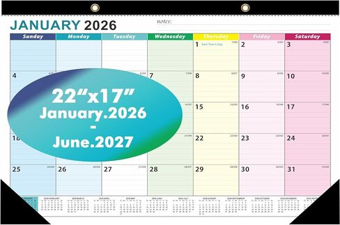 تقويم مكتب ZTX 2026 تقويم حائطي 2026-2027-18 مخطط شهر كبير جدًا 22 بوصة × 17 بوصة يناير 2026-يونيو 2027 غطاء بلاستيكي شفاف للمنزل والمكتب والمدرسة ملون in Kuwait