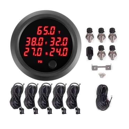 مقياس ضغط كيس الهواء خمسة شاشات عرض رقمية 0-232PSI (16BAR) لنظام تعليق الركوب الهوائي مع 5 أجهزة استشعار كهربائية 1/8NPT مع تركيب 1/8NPT إلى 1/4NPT مقاس 2-1/16 بوصة (52 مم) LED أحمر in Kuwait