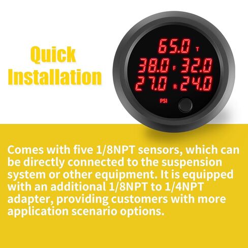 مقياس ضغط كيس الهواء خمسة شاشات عرض رقمية 0-232PSI (16BAR) لنظام تعليق الركوب الهوائي مع 5 أجهزة استشعار كهربائية 1/8NPT مع تركيب 1/8NPT إلى 1/4NPT مقاس 2-1/16 بوصة (52 مم) LED أحمر in Kuwait