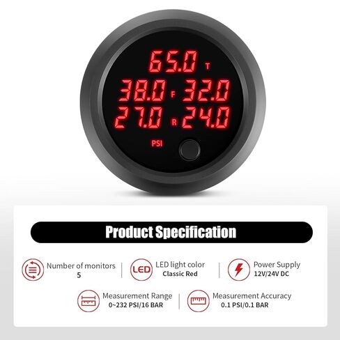 مقياس ضغط كيس الهواء خمسة شاشات عرض رقمية 0-232PSI (16BAR) لنظام تعليق الركوب الهوائي مع 5 أجهزة استشعار كهربائية 1/8NPT مع تركيب 1/8NPT إلى 1/4NPT مقاس 2-1/16 بوصة (52 مم) LED أحمر in Kuwait