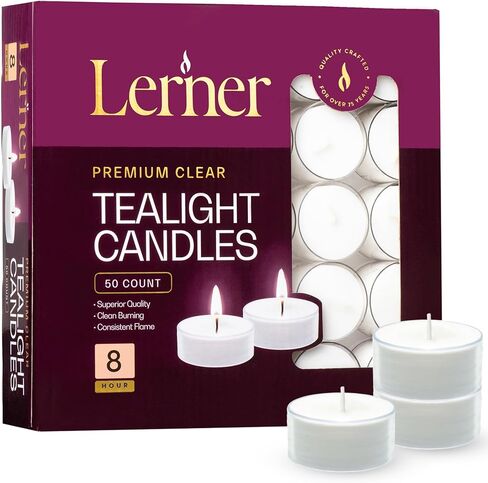 Lerner Clear Tea Lights Candles Bulk - Long Burning 8 Hour Clear Cup Tealight 50 Pack - Consistent Smkless Clean Burning - Holiday, Wedding, Spa, Emergency and Home Decoration Candles in Saudi Arabia