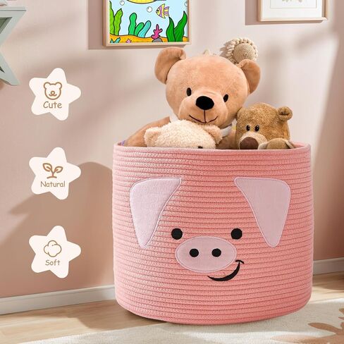 OMERAI Animal Baskets Cotton Rope Woven Storage Basket for Toys Blankets Laundry Nursery, Large Foldable Organizer with Cute Pig Design and Handles, 15"D x 12.6"H (Pink) in Kuwait