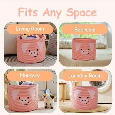 OMERAI Animal Baskets Cotton Rope Woven Storage Basket for Toys Blankets Laundry Nursery, Large Foldable Organizer with Cute Pig Design and Handles, 15"D x 12.6"H (Pink) in Kuwait