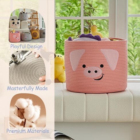 OMERAI Animal Baskets Cotton Rope Woven Storage Basket for Toys Blankets Laundry Nursery, Large Foldable Organizer with Cute Pig Design and Handles, 15"D x 12.6"H (Pink) in Kuwait
