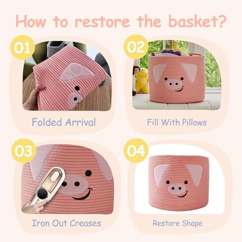 OMERAI Animal Baskets Cotton Rope Woven Storage Basket for Toys Blankets Laundry Nursery, Large Foldable Organizer with Cute Pig Design and Handles, 15"D x 12.6"H (Pink) in Kuwait