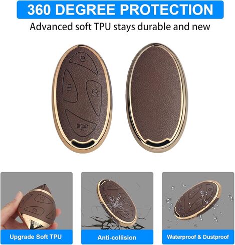 QBUC for Hyundai Key Fob Cover with Key Chain, Upper Leather + Soft TPU Car Key Case for Hyundai Ioniq 6 Grandeur GN7 KONA Elanrtra Santa Fe Tucson (2023-2025) Sonata (Brown, 5 Buttons) in Saudi Arabia