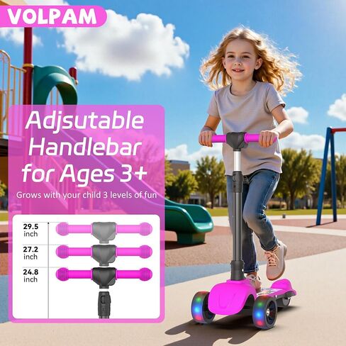 سكوتر كهربائي VOLPAM C001 للأطفال، محرك 80 وات، أقصى سرعة آمنة 5 ميلا في الساعة، 3 ارتفاع قابل للتعديل، عجلة مضاءة 3.5 بوصة، سكوتر قابل للطي للأولاد والبنات، أقصى حمولة 110 رطل in Kuwait