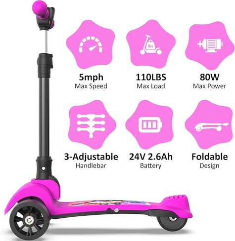 سكوتر كهربائي VOLPAM C001 للأطفال، محرك 80 وات، أقصى سرعة آمنة 5 ميلا في الساعة، 3 ارتفاع قابل للتعديل، عجلة مضاءة 3.5 بوصة، سكوتر قابل للطي للأولاد والبنات، أقصى حمولة 110 رطل in Kuwait