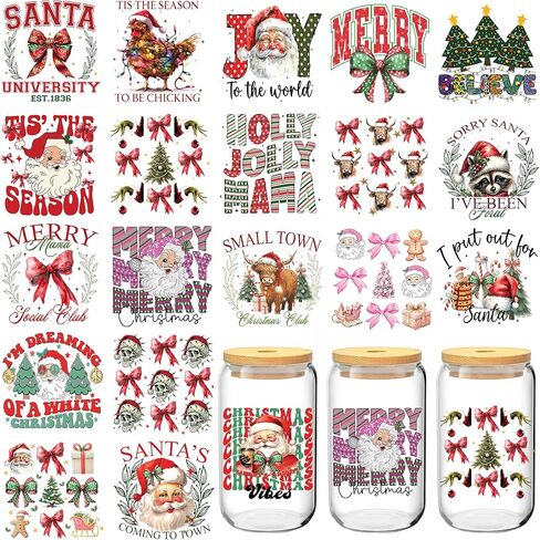 Christmas UV DTF Cup Wrap, 20 Sheets Merry Christmas UV DTF Cup Wraps for 16 oz Glass, Cute Santa Claus Bow UVDTF Decals Transfer Stickers Waterproof Rub On Transfers for Crafting, Xmas Gift in Saudi Arabia