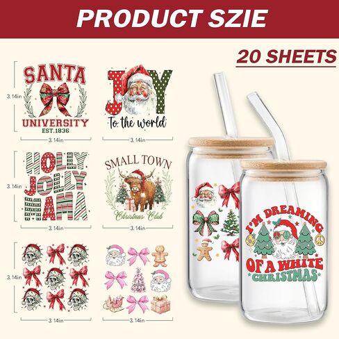 Christmas UV DTF Cup Wrap, 20 Sheets Merry Christmas UV DTF Cup Wraps for 16 oz Glass, Cute Santa Claus Bow UVDTF Decals Transfer Stickers Waterproof Rub On Transfers for Crafting, Xmas Gift in Saudi Arabia