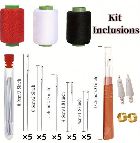 34-Piece Large Eye Needlework Kit for Seniors - Hand Needles with Thread, 3 Corrugated Polyester Yarns and Storage Tube - Complete Needle Set for Home Embroidery, Crafts, Garment and Fabric Repair in Saudi Arabia