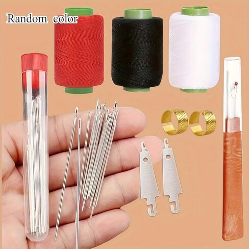 34-Piece Large Eye Needlework Kit for Seniors - Hand Needles with Thread, 3 Corrugated Polyester Yarns and Storage Tube - Complete Needle Set for Home Embroidery, Crafts, Garment and Fabric Repair in Saudi Arabia