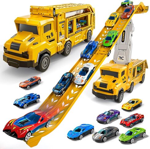 Transport Truck Toys for 3 4 5 6 7 Years Old Boys,Toy Cars Track Set Transporter Trucks with 12 Die-Cast Car Toys 2 Race catapults Dual-Track Model,Toddler Set for Kids Boys Girls,Yellow in Saudi Arabia