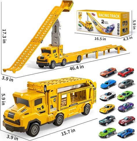 Transport Truck Toys for 3 4 5 6 7 Years Old Boys,Toy Cars Track Set Transporter Trucks with 12 Die-Cast Car Toys 2 Race catapults Dual-Track Model,Toddler Set for Kids Boys Girls,Yellow in Saudi Arabia