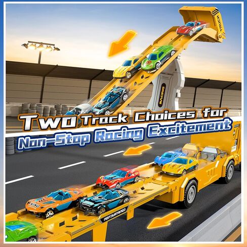 Transport Truck Toys for 3 4 5 6 7 Years Old Boys,Toy Cars Track Set Transporter Trucks with 12 Die-Cast Car Toys 2 Race catapults Dual-Track Model,Toddler Set for Kids Boys Girls,Yellow in Saudi Arabia