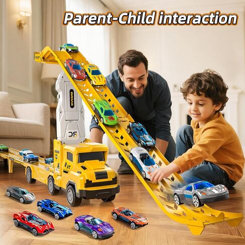Transport Truck Toys for 3 4 5 6 7 Years Old Boys,Toy Cars Track Set Transporter Trucks with 12 Die-Cast Car Toys 2 Race catapults Dual-Track Model,Toddler Set for Kids Boys Girls,Yellow in Saudi Arabia
