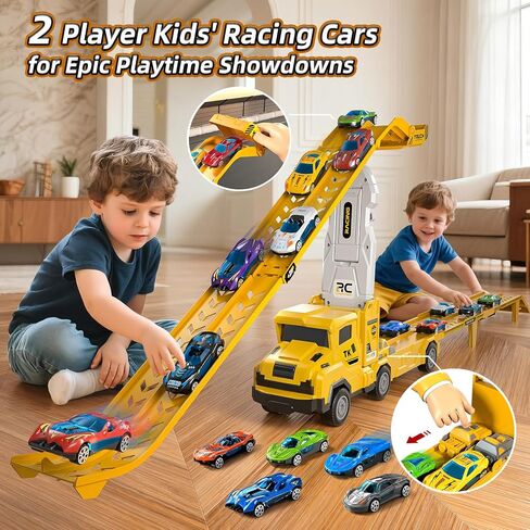 Transport Truck Toys for 3 4 5 6 7 Years Old Boys,Toy Cars Track Set Transporter Trucks with 12 Die-Cast Car Toys 2 Race catapults Dual-Track Model,Toddler Set for Kids Boys Girls,Yellow in Saudi Arabia