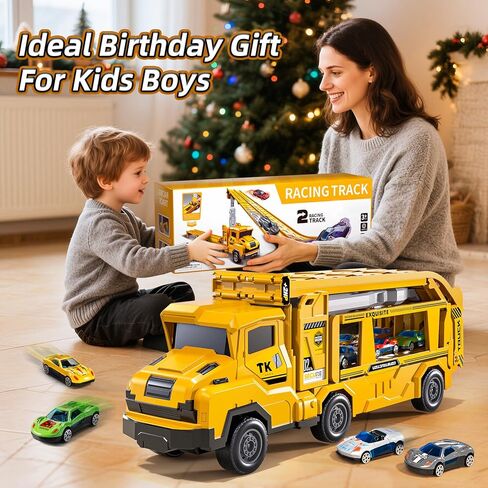 Transport Truck Toys for 3 4 5 6 7 Years Old Boys,Toy Cars Track Set Transporter Trucks with 12 Die-Cast Car Toys 2 Race catapults Dual-Track Model,Toddler Set for Kids Boys Girls,Yellow in Saudi Arabia