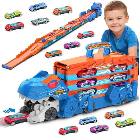 VATOS Toddler Truck Car Toys for 3 4 5 6 Year Old Girls, Foldable Race Track Toy with 6 Race Cars, Portable Transport Carrier Truck with Light & Music, Princess Toys Cars Gift for Kids Girls in Saudi Arabia