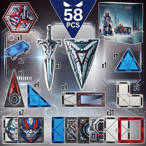 Little Pi Magnetic Tiles MegaBots 58 PCS | Heroic Transformation Robots with Sword & Shield | STEM Creative Building Play for Kids Age 3 4 5 6 7 8 in Kuwait