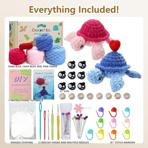 طقم كروشيه Blossvane للمبتدئين البالغين - قطعتان من طقم كروشيه السلحفاة البحرية الملونة، طقم أميجورومي رائع لجميع الأعمار، مجموعات كروشيه مع دروس فيديو خطوة بخطوة in Kuwait