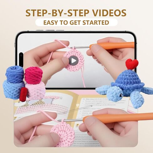 طقم كروشيه Blossvane للمبتدئين البالغين - قطعتان من طقم كروشيه السلحفاة البحرية الملونة، طقم أميجورومي رائع لجميع الأعمار، مجموعات كروشيه مع دروس فيديو خطوة بخطوة in Kuwait