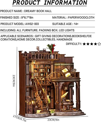 Roroom DIY Miniature House Kit, Dreamy Book Hall Book Nook with LED Light, 3D Wooden Puzzle Miniature Dollhouse Kit for Bookshelf Decor-Creative Gift for Teens&Book Lovers in Kuwait