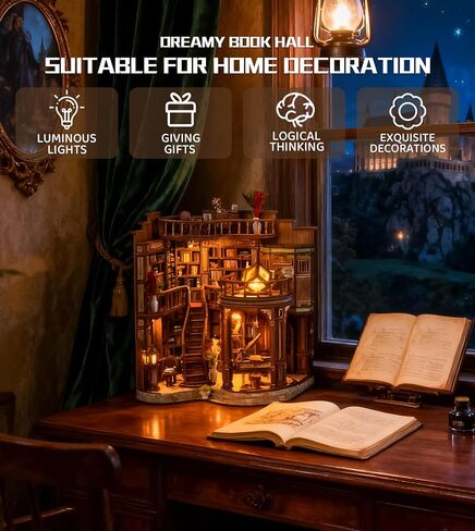 Roroom DIY Miniature House Kit, Dreamy Book Hall Book Nook with LED Light, 3D Wooden Puzzle Miniature Dollhouse Kit for Bookshelf Decor-Creative Gift for Teens&Book Lovers in Kuwait