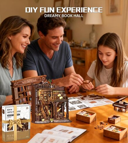 Roroom DIY Miniature House Kit, Dreamy Book Hall Book Nook with LED Light, 3D Wooden Puzzle Miniature Dollhouse Kit for Bookshelf Decor-Creative Gift for Teens&Book Lovers in Kuwait