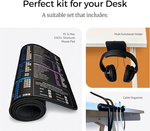 Excel Cheat Sheet Desk Pad Set 3in1, Desk Pad Includes a Cable Organizer and a Headphone Stand, Desk Mat is Dark Colored, it is Non-Slip Mousepad, +200 Commands for Mac and Windows in Saudi Arabia