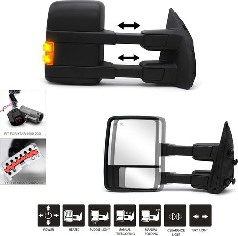 NEYASU Driver Left Side Towing Mirrors fit for 1999-2007 Ford F250 F350 F450 F550 Super Duty Tow Mirrors Power Heated Defrost Amber Turn Signal Lights Manual Extendable Black in Saudi Arabia