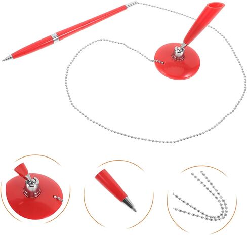 NUOBESTY Red Desktop Signature Pen with Chain Smooth Writing Professional Ballpoint Business Accessory for Bank Hotel Office Counter Use Vertical Standing Design in Saudi Arabia