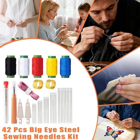 42 Pcs Sewing Tool Set, Big Eye Steel Sewing Needle Kit, Includes Needles, Threader, Ripper, Tape Measure & More, Complete Hand Sewing Set for Beginners, Craft Enthusiasts & Daily Use in Saudi Arabia