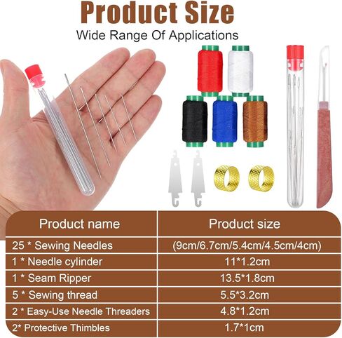 مجموعة إبر الخياطة الفولاذية ذات العين الكبيرة 36 ​​قطعة، أدوات إصلاح يدوية لخيوط الإبر مع 25 إبرة من سبائك الزنك، 2 خيط، 2 كشتبانات، 1 ممزق درزات، 5 خيوط ملونة للخياطة اليدوية بنفسك in Kuwait