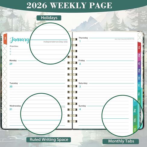 مخطط 2026 - مخطط 2026 أسبوعيًا وشهريًا، يناير 2026 - ديسمبر 2026، 6.3 بوصة × 8.4 بوصة، مخطط تقويم 2026، ربط مزدوج السلك، جيب داخلي، عروات شهرية ملونة، إغلاق مرن، جهات الاتصال، العطلات in Saudi Arabia