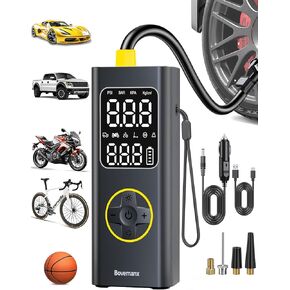 مضخة هواء لإطارات السيارة، ضاغط هواء محمول، بطارية منفاخ إطارات لاسلكية 150 رطل لكل بوصة مربعة للنفخ/الشحن مع سلك تيار مستمر 12 فولت، مقياس رقمي، ضوء LED للسيارة والدراجات النارية والدراجة والكرات والمزيد (أسود) in Kuwait