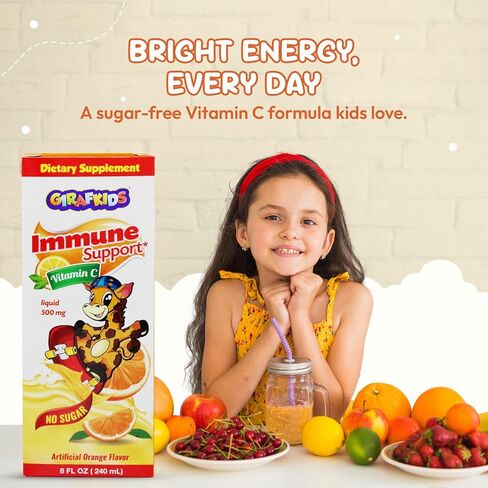 GirafKids Multivitamin Syrup for Children – 8Oz Fl Toddler Multivitamin Liquid Dietary Supplement – Rich in Omega 3, Beta Glucan, Quercetin, Vitamins – Delicious Peach Flavor in Saudi Arabia