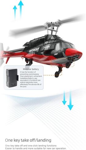 طائرة هليكوبتر A61 Mini AIR-Wolf RC - بمقياس 1/53 4 قنوات مع تثبيت الجيروسكوب، وثبات الارتفاع، وبطارية معيارية، وسهولة الإقلاع والهبوط بمفتاح واحد للمبتدئين وهواة RC (أحمر وأسود/بطارية واحدة) in Kuwait
