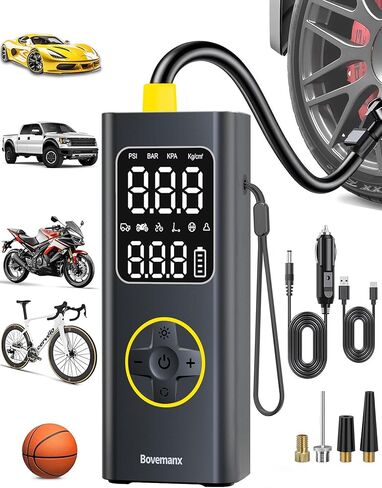 مضخة هواء لإطارات السيارة، ضاغط هواء محمول، بطارية منفاخ إطارات لاسلكية 150 رطل لكل بوصة مربعة للنفخ/الشحن مع سلك تيار مستمر 12 فولت، مقياس رقمي، ضوء LED للسيارة والدراجات النارية والدراجة والكرات والمزيد (أسود) in Kuwait