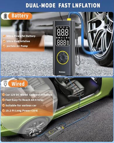 مضخة هواء لإطارات السيارة، ضاغط هواء محمول، بطارية منفاخ إطارات لاسلكية 150 رطل لكل بوصة مربعة للنفخ/الشحن مع سلك تيار مستمر 12 فولت، مقياس رقمي، ضوء LED للسيارة والدراجات النارية والدراجة والكرات والمزيد (أسود) in Kuwait