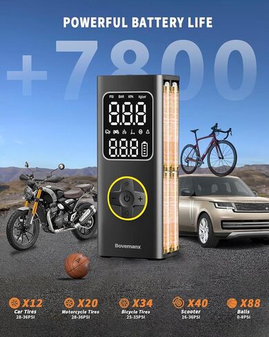 مضخة هواء لإطارات السيارة، ضاغط هواء محمول، بطارية منفاخ إطارات لاسلكية 150 رطل لكل بوصة مربعة للنفخ/الشحن مع سلك تيار مستمر 12 فولت، مقياس رقمي، ضوء LED للسيارة والدراجات النارية والدراجة والكرات والمزيد (أسود) in Kuwait
