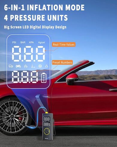 مضخة هواء لإطارات السيارة، ضاغط هواء محمول، بطارية منفاخ إطارات لاسلكية 150 رطل لكل بوصة مربعة للنفخ/الشحن مع سلك تيار مستمر 12 فولت، مقياس رقمي، ضوء LED للسيارة والدراجات النارية والدراجة والكرات والمزيد (أسود) in Kuwait